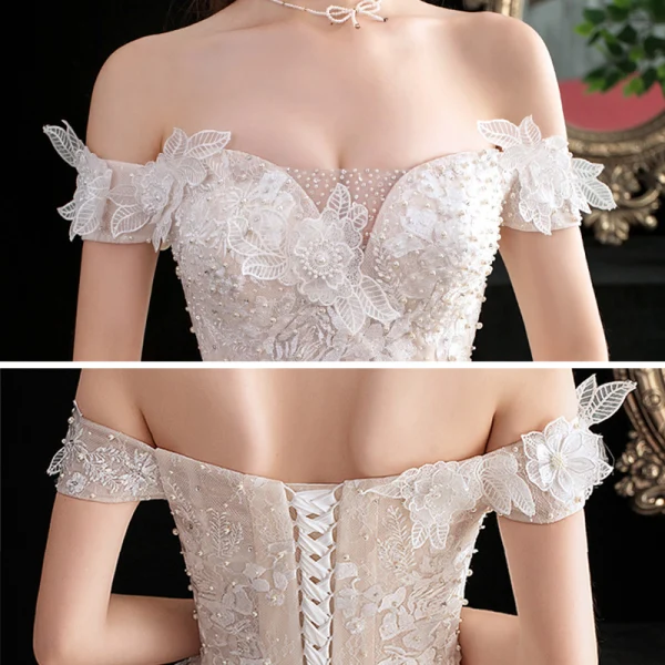 Chic / Belle Champagne Robe De Mariée 2020 Robe Boule De l'épaule Manches Courtes Dos Nu Appliques En Dentelle Perlage Cathedral Train Volants