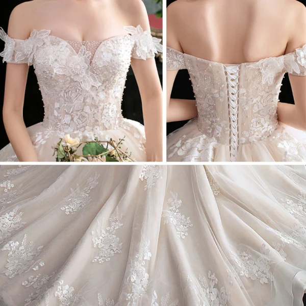 Chic / Belle Champagne Robe De Mariée 2020 Robe Boule De l'épaule Manches Courtes Dos Nu Appliques En Dentelle Perlage Cathedral Train Volants