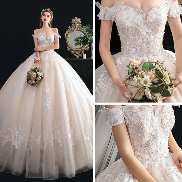 Chic / Belle Champagne Robe De Mariée 2020 Robe Boule De l'épaule Manches Courtes Dos Nu Appliques En Dentelle Perlage Cathedral Train Volants