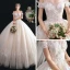 Chic / Belle Champagne Robe De Mariée 2020 Robe Boule De l'épaule Manches Courtes Dos Nu Appliques En Dentelle Perlage Cathedral Train Volants