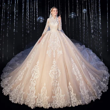 Vintage Originale Musulmane Champagne Robe De Mariée 2020 Robe Boule Col Haut 3 4 Manches Percé Appliques En Dentelle Cathedral Train Volants