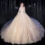 Vintage Muslimisches Champagner Brautkleider / Hochzeitskleider 2020 Ballkleid Stehkragen 3/4 Ärmel Durchbohrt Applikationen Spitze Kathedrale Schleppe Rüschen