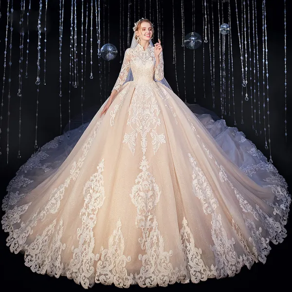 Vintage / Retro Muslim Champagne Wedding Dresses 2020 Ball Gown High Neck 3/4 Sleeve Pierced Appliques Lace Cathedral Train Ruffle