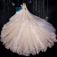 Vintage Muslimisches Champagner Brautkleider / Hochzeitskleider 2020 Ballkleid Stehkragen 3/4 Ärmel Durchbohrt Applikationen Spitze Kathedrale Schleppe Rüschen