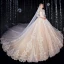 Vintage Muslimisches Champagner Brautkleider / Hochzeitskleider 2020 Ballkleid Stehkragen 3/4 Ärmel Durchbohrt Applikationen Spitze Kathedrale Schleppe Rüschen