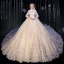 Vintage Muslimisches Champagner Brautkleider / Hochzeitskleider 2020 Ballkleid Stehkragen 3/4 Ärmel Durchbohrt Applikationen Spitze Kathedrale Schleppe Rüschen