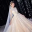 Vintage Muslimisches Champagner Brautkleider / Hochzeitskleider 2020 Ballkleid Stehkragen 3/4 Ärmel Durchbohrt Applikationen Spitze Kathedrale Schleppe Rüschen