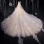 Vintage Muslimisches Champagner Brautkleider / Hochzeitskleider 2020 Ballkleid Stehkragen 3/4 Ärmel Durchbohrt Applikationen Spitze Kathedrale Schleppe Rüschen