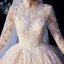 Vintage Muslimisches Champagner Brautkleider / Hochzeitskleider 2020 Ballkleid Stehkragen 3/4 Ärmel Durchbohrt Applikationen Spitze Kathedrale Schleppe Rüschen