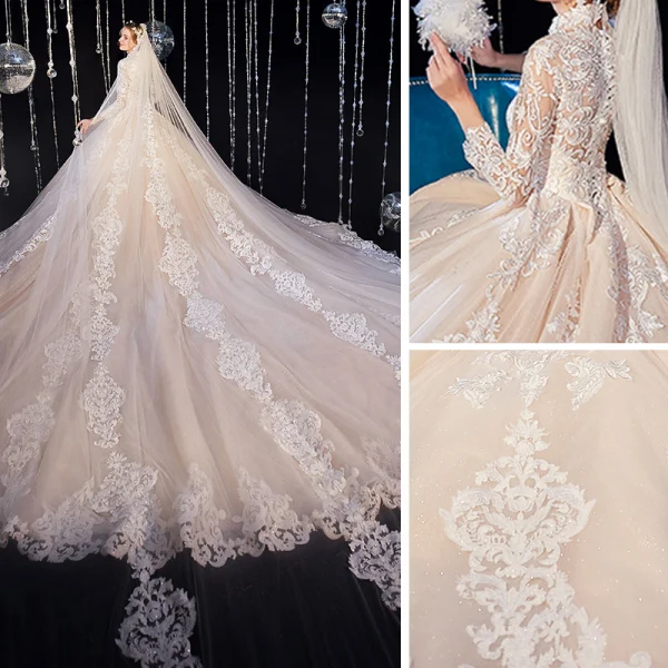 Vintage Muslimisches Champagner Brautkleider / Hochzeitskleider 2020 Ballkleid Stehkragen 3/4 Ärmel Durchbohrt Applikationen Spitze Kathedrale Schleppe Rüschen