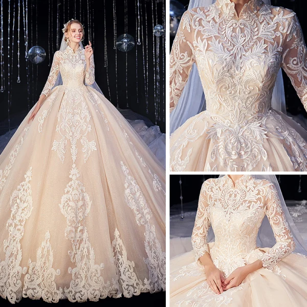 Vintage Muslimisches Champagner Brautkleider / Hochzeitskleider 2020 Ballkleid Stehkragen 3/4 Ärmel Durchbohrt Applikationen Spitze Kathedrale Schleppe Rüschen
