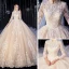 Vintage Muslimisches Champagner Brautkleider / Hochzeitskleider 2020 Ballkleid Stehkragen 3/4 Ärmel Durchbohrt Applikationen Spitze Kathedrale Schleppe Rüschen