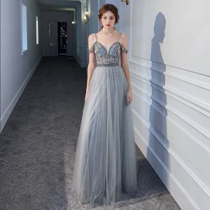 Luxury Gorgeous Grey See Through Evening Dresses 2020 A Line Princess Spaghetti Straps Short Sleeve Rhinestone Beading Floor Length Long Ruffle Backless Formal Dresses