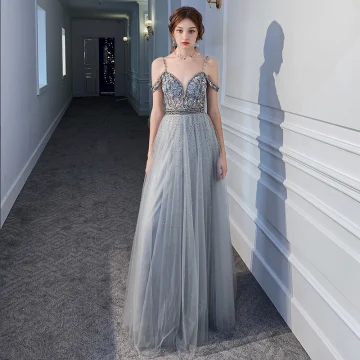 Luxury Gorgeous Grey See Through Evening Dresses 2020 A Line Princess Spaghetti Straps Short Sleeve Rhinestone Beading Floor Length Long Ruffle Backless Formal Dresses