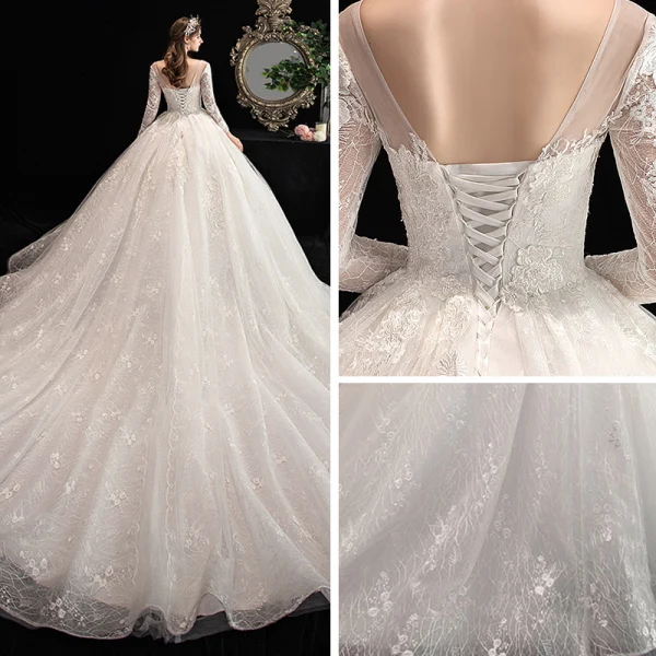 Chic / Belle Ivoire Robe De Mariée 2020 Robe Boule V-Cou Percé Manches Longues Dos Nu Appliques En Dentelle Cathedral Train Volants