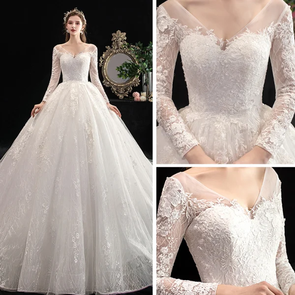 Chic / Belle Ivoire Robe De Mariée 2020 Robe Boule V-Cou Percé Manches Longues Dos Nu Appliques En Dentelle Cathedral Train Volants