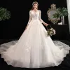 Chic / Beautiful Ivory See-through Wedding Dresses 2020 A-Line / Princess Square Neckline 3/4 Sleeve Backless Appliques Lace Beading Cathedral Train Ruffle
