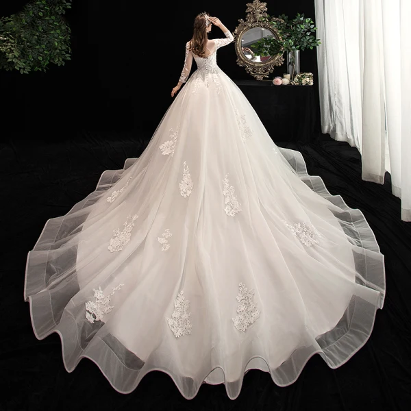 Chic / Belle Ivoire Transparentes Robe De Mariée 2020 Princesse Encolure Carrée 3/4 Manches Dos Nu Appliques En Dentelle Perlage Cathedral Train Volants
