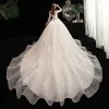 Chic / Beautiful Ivory See-through Wedding Dresses 2020 A-Line / Princess Square Neckline 3/4 Sleeve Backless Appliques Lace Beading Cathedral Train Ruffle