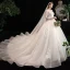 Chic / Belle Ivoire Transparentes Robe De Mariée 2020 Princesse Encolure Carrée 3/4 Manches Dos Nu Appliques En Dentelle Perlage Cathedral Train Volants