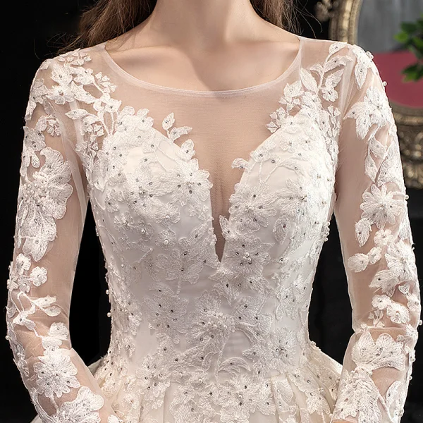 Chic / Belle Ivoire Transparentes Robe De Mariée 2020 Princesse Encolure Carrée 3/4 Manches Dos Nu Appliques En Dentelle Perlage Cathedral Train Volants