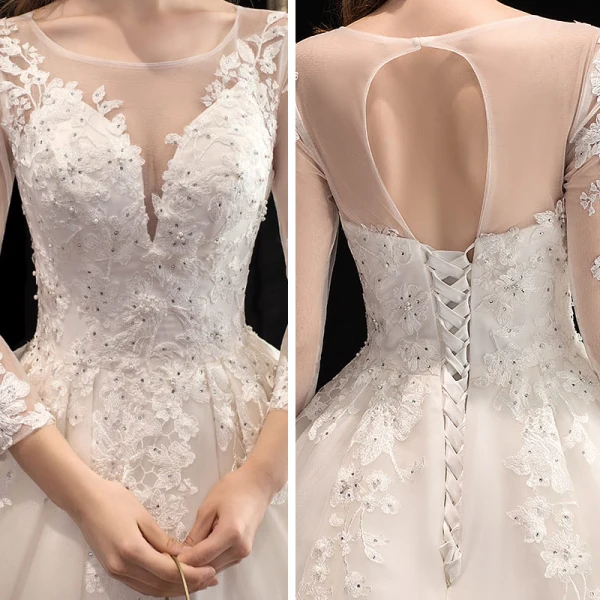 Chic / Belle Ivoire Transparentes Robe De Mariée 2020 Princesse Encolure Carrée 3/4 Manches Dos Nu Appliques En Dentelle Perlage Cathedral Train Volants