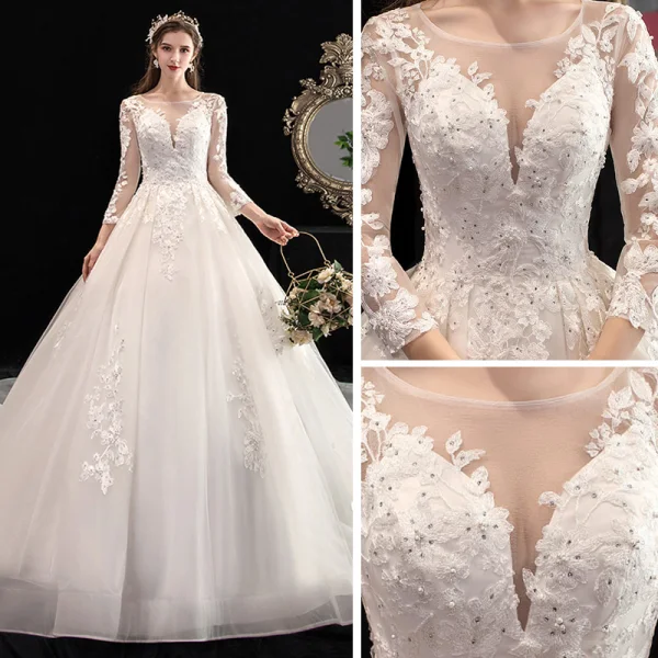 Chic / Belle Ivoire Transparentes Robe De Mariée 2020 Princesse Encolure Carrée 3/4 Manches Dos Nu Appliques En Dentelle Perlage Cathedral Train Volants