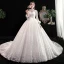 Vintage Prisvärd Elfenben Genomskinliga Bröllopsklänningar 2020 Prinsessa Hög Hals 3/4 ärm Halterneck Appliqués Spets Beading Chapel Train Ruffle