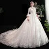 Vintage / Retro Affordable Ivory See-through Wedding Dresses 2020 A-Line / Princess High Neck 3/4 Sleeve Backless Appliques Lace Beading Chapel Train Ruffle