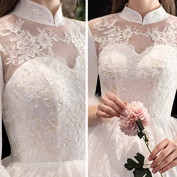 Vintage Prisvärd Elfenben Genomskinliga Bröllopsklänningar 2020 Prinsessa Hög Hals 3/4 ärm Halterneck Appliqués Spets Beading Chapel Train Ruffle