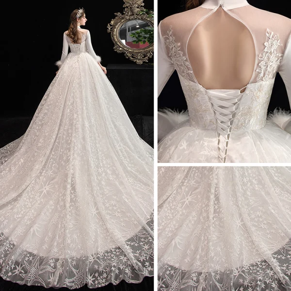 Vintage Prisvärd Elfenben Genomskinliga Bröllopsklänningar 2020 Prinsessa Hög Hals 3/4 ärm Halterneck Appliqués Spets Beading Chapel Train Ruffle