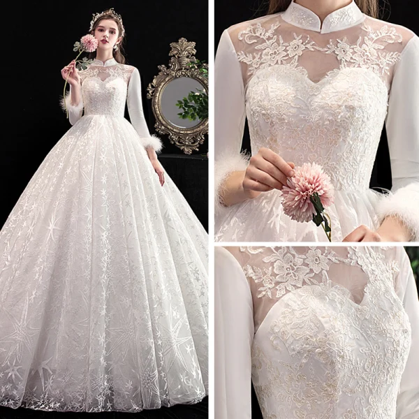 Vintage Prisvärd Elfenben Genomskinliga Bröllopsklänningar 2020 Prinsessa Hög Hals 3/4 ärm Halterneck Appliqués Spets Beading Chapel Train Ruffle