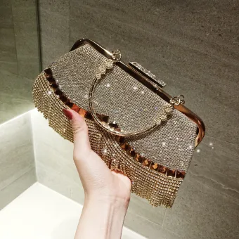 Sparkly Gold Rhinestone Tassel Square Clutch Bags 2020 Metal Accessories