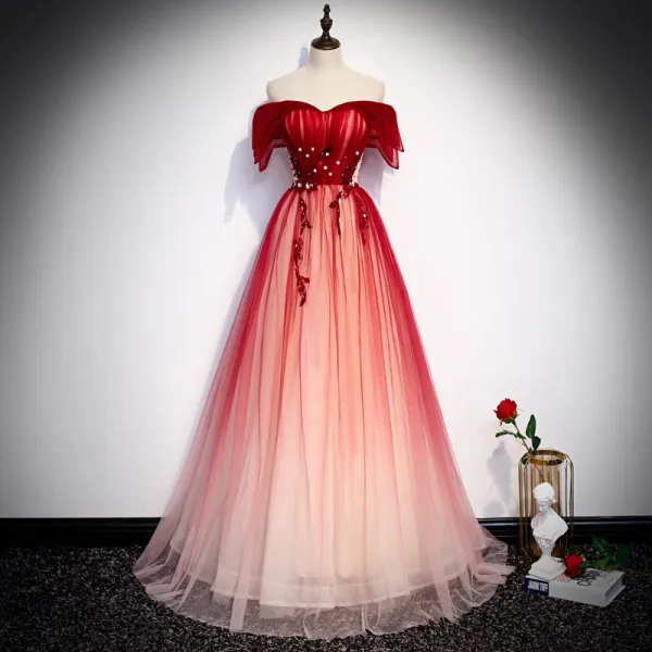Chic / Beautiful Red Evening Dresses  2020 A-Line / Princess Off-The-Shoulder Short Sleeve Beading Floor-Length / Long Backless Formal Dresses
