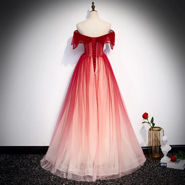 Chic / Beautiful Red Evening Dresses 2020 A-Line / Princess Off-The-Shoulder Short Sleeve Beading Floor-Length / Long Backless Formal Dresses