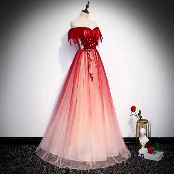 Chic / Beautiful Red Evening Dresses 2020 A-Line / Princess Off-The-Shoulder Short Sleeve Beading Floor-Length / Long Backless Formal Dresses