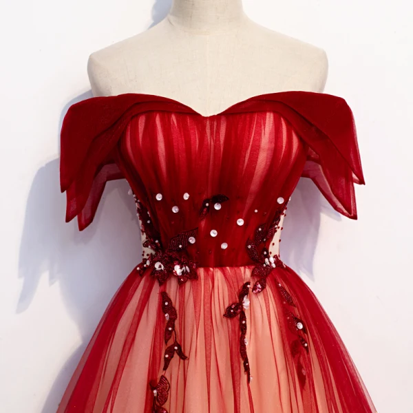 Chic / Beautiful Red Evening Dresses 2020 A-Line / Princess Off-The-Shoulder Short Sleeve Beading Floor-Length / Long Backless Formal Dresses