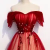 Chic / Beautiful Red Evening Dresses  2020 A-Line / Princess Off-The-Shoulder Short Sleeve Beading Floor-Length / Long Backless Formal Dresses