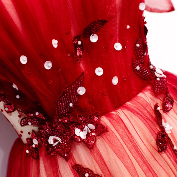 Chic / Beautiful Red Evening Dresses 2020 A-Line / Princess Off-The-Shoulder Short Sleeve Beading Floor-Length / Long Backless Formal Dresses