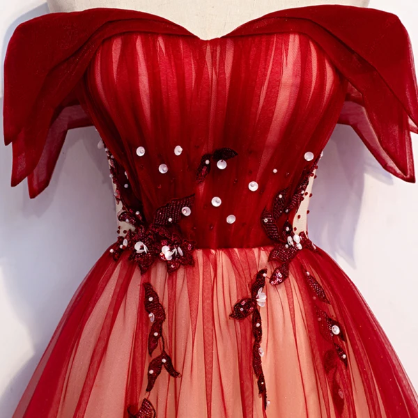 Chic / Beautiful Red Evening Dresses 2020 A-Line / Princess Off-The-Shoulder Short Sleeve Beading Floor-Length / Long Backless Formal Dresses