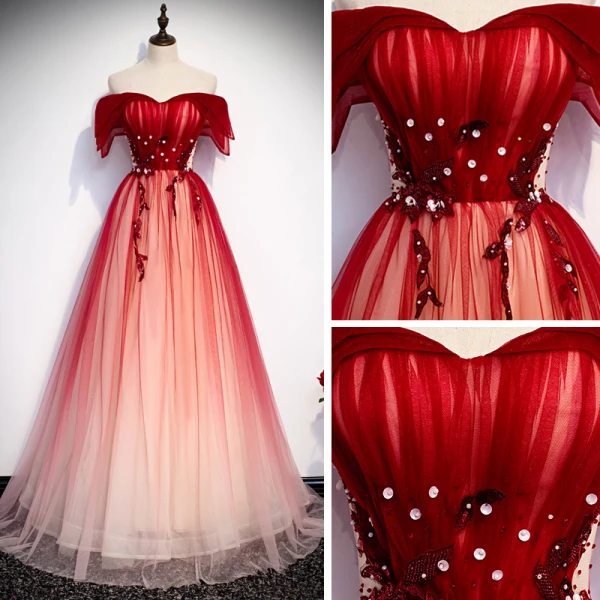 Chic / Beautiful Red Evening Dresses 2020 A-Line / Princess Off-The-Shoulder Short Sleeve Beading Floor-Length / Long Backless Formal Dresses