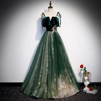 Chic Beautiful Dark Green Suede Prom Dresses 2020 A Line Princess Spaghetti Straps Sleeveless Glitter Tulle Floor Length Long Ruffle Backless Formal Dresses