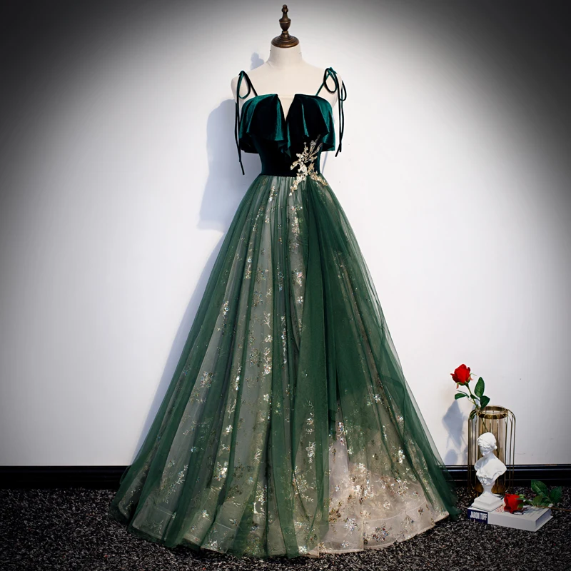 slim fit dress slacks Emerald Green Tulle Appliques A-line Long Evening Prom Dresses, Cheap –  MarryLover main image 1