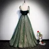 Chic / Beautiful Dark Green Suede Prom Dresses 2020 A-Line / Princess Spaghetti Straps Sleeveless Glitter Tulle Floor-Length / Long Ruffle Backless Formal Dresses