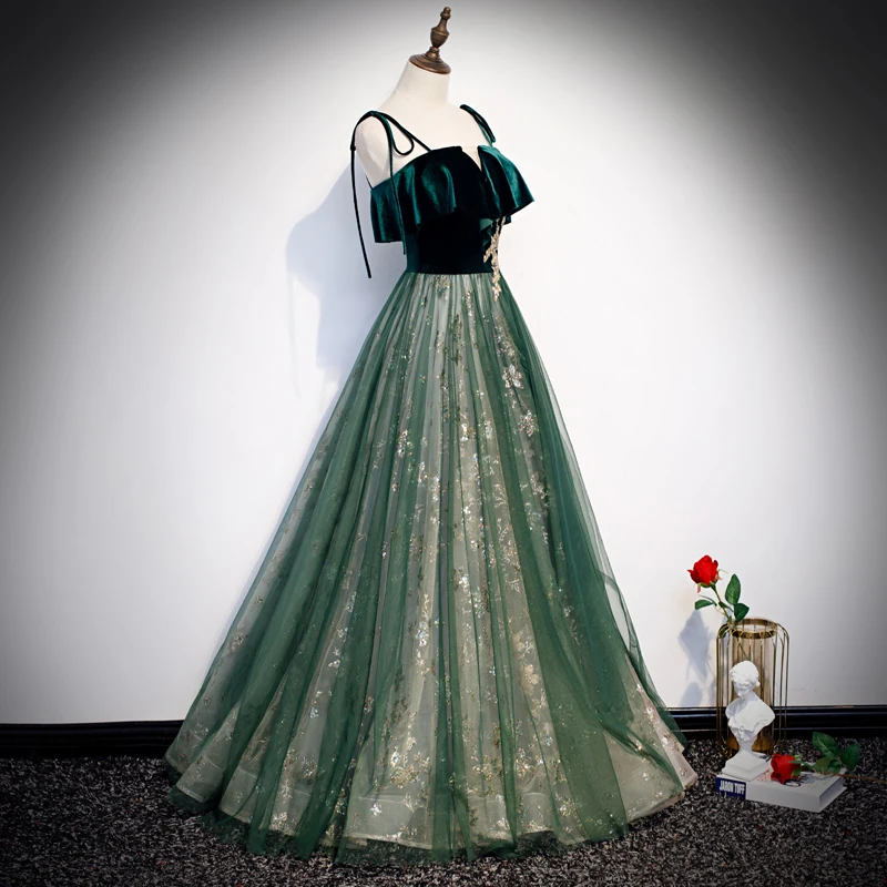 Chic Beautiful Dark Green Suede Prom Dresses 2020 A-Line Princess Spaghetti Straps Tulle