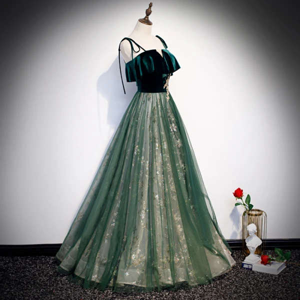 Chic / Beautiful Dark Green Suede Prom Dresses 2020 A-Line / Princess Spaghetti Straps Sleeveless Glitter Tulle Floor-Length / Long Ruffle Backless Formal Dresses
