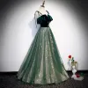 Chic / Beautiful Dark Green Suede Prom Dresses 2020 A-Line / Princess Spaghetti Straps Sleeveless Glitter Tulle Floor-Length / Long Ruffle Backless Formal Dresses