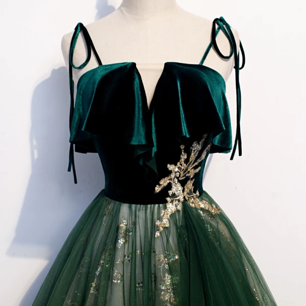 Chic / Beautiful Dark Green Suede Prom Dresses 2020 A-Line / Princess Spaghetti Straps Sleeveless Glitter Tulle Floor-Length / Long Ruffle Backless Formal Dresses