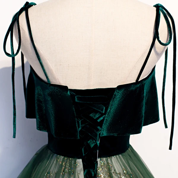 Chic / Beautiful Dark Green Suede Prom Dresses 2020 A-Line / Princess Spaghetti Straps Sleeveless Glitter Tulle Floor-Length / Long Ruffle Backless Formal Dresses