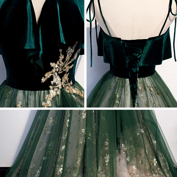 Chic / Beautiful Dark Green Suede Prom Dresses 2020 A-Line / Princess Spaghetti Straps Sleeveless Glitter Tulle Floor-Length / Long Ruffle Backless Formal Dresses